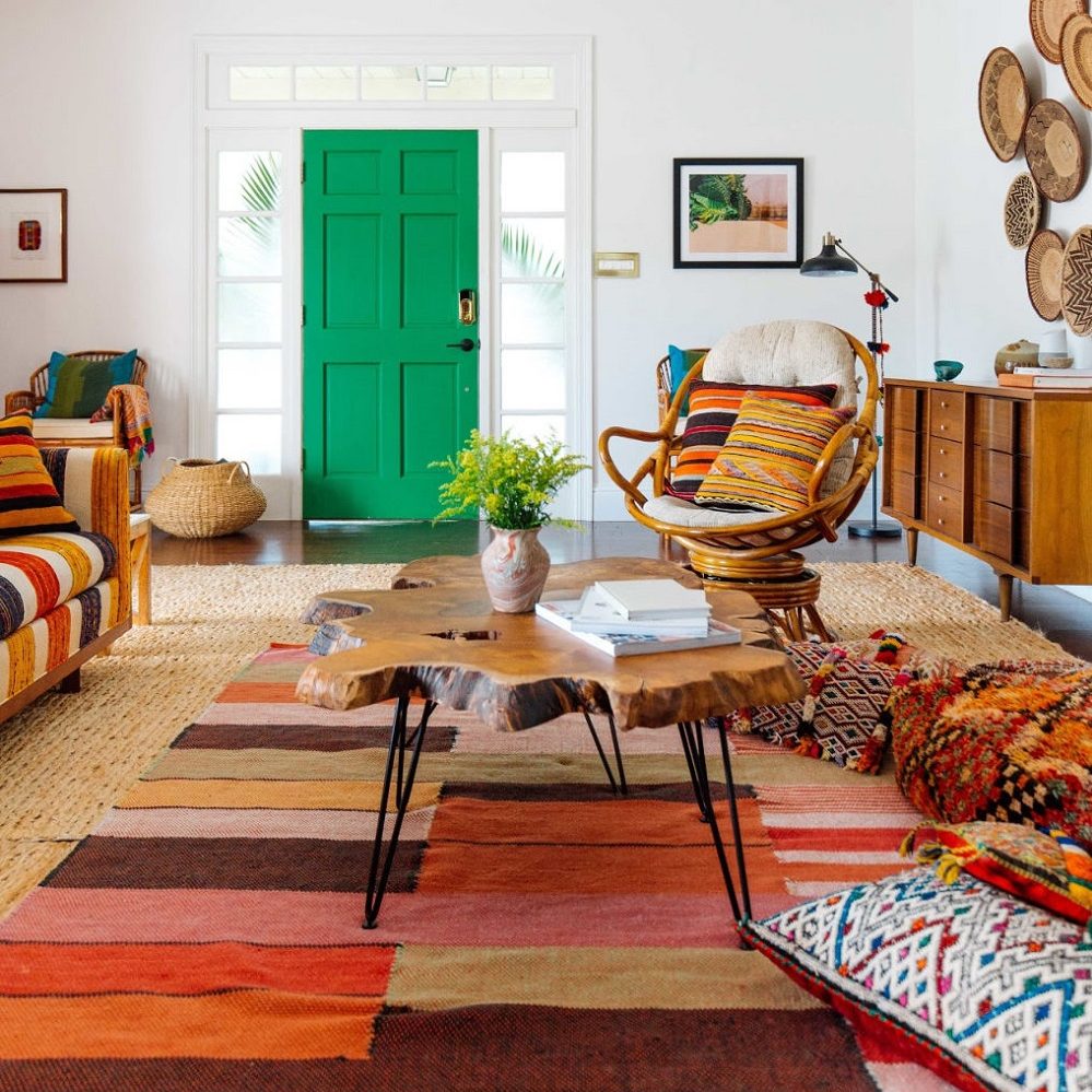 green-interior-door-colorful-boho-decor-family-room