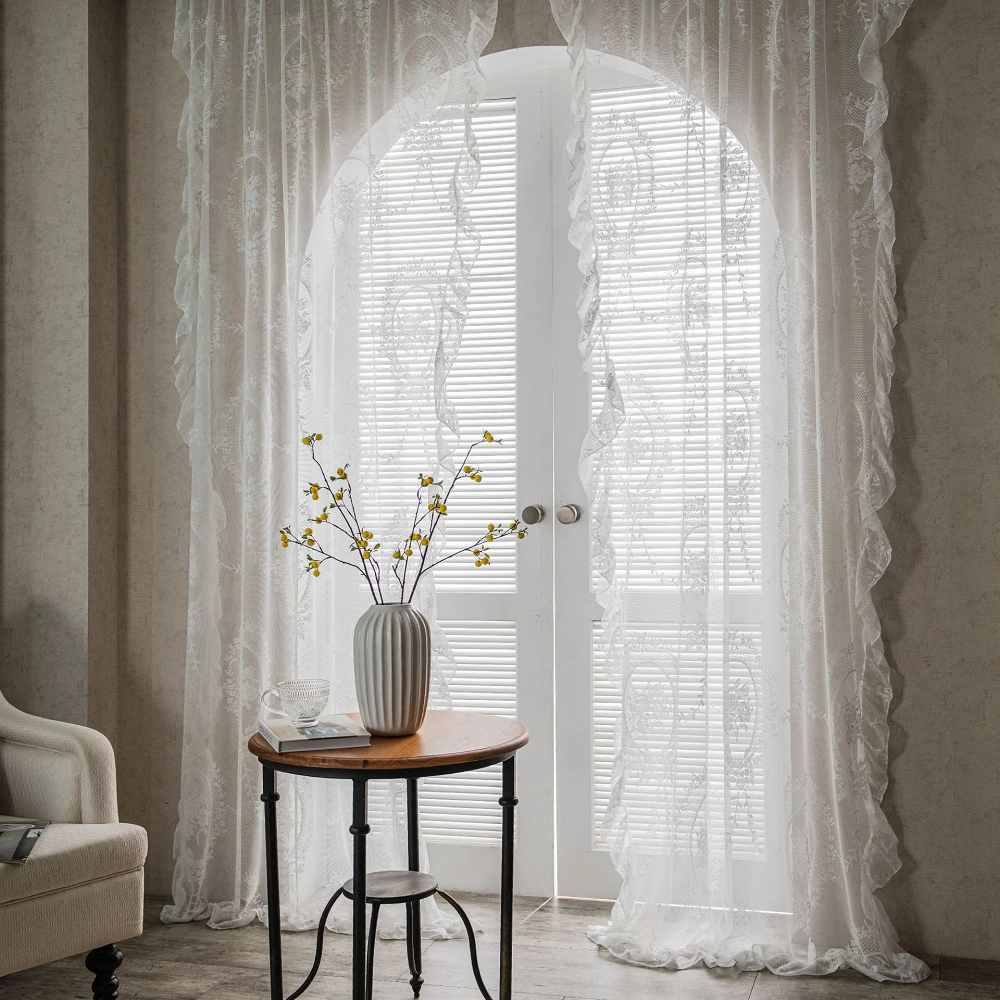 Lausanne White Retro Translucent Lace Window Curtains Flounce